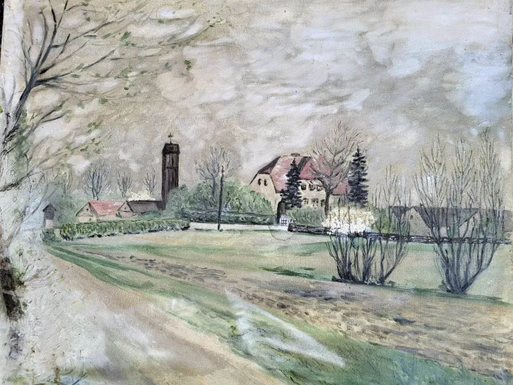 Gemalt von Hugo Kullick, Blick auf die Feuerwehr und die alte Schule. Gemalt von Hugo Kullick, Blick auf die Feuerwehr und die alte Schule.